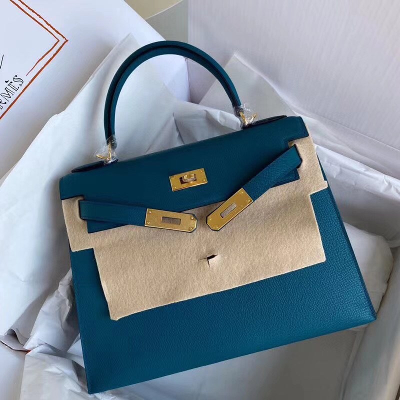 Hermes Kelly 28cm Handbag Shoulder Bag in Blue Paon Epsom Leather